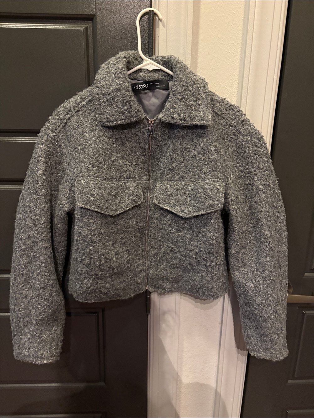 Ci Sono Gray Bouclé Cropped Zip Jacket